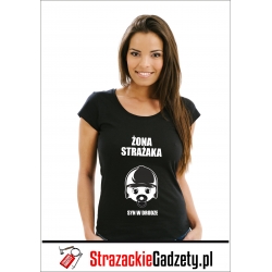 Koszulka damska czarna ,T-shirt - żona strażaka - syn w drodze